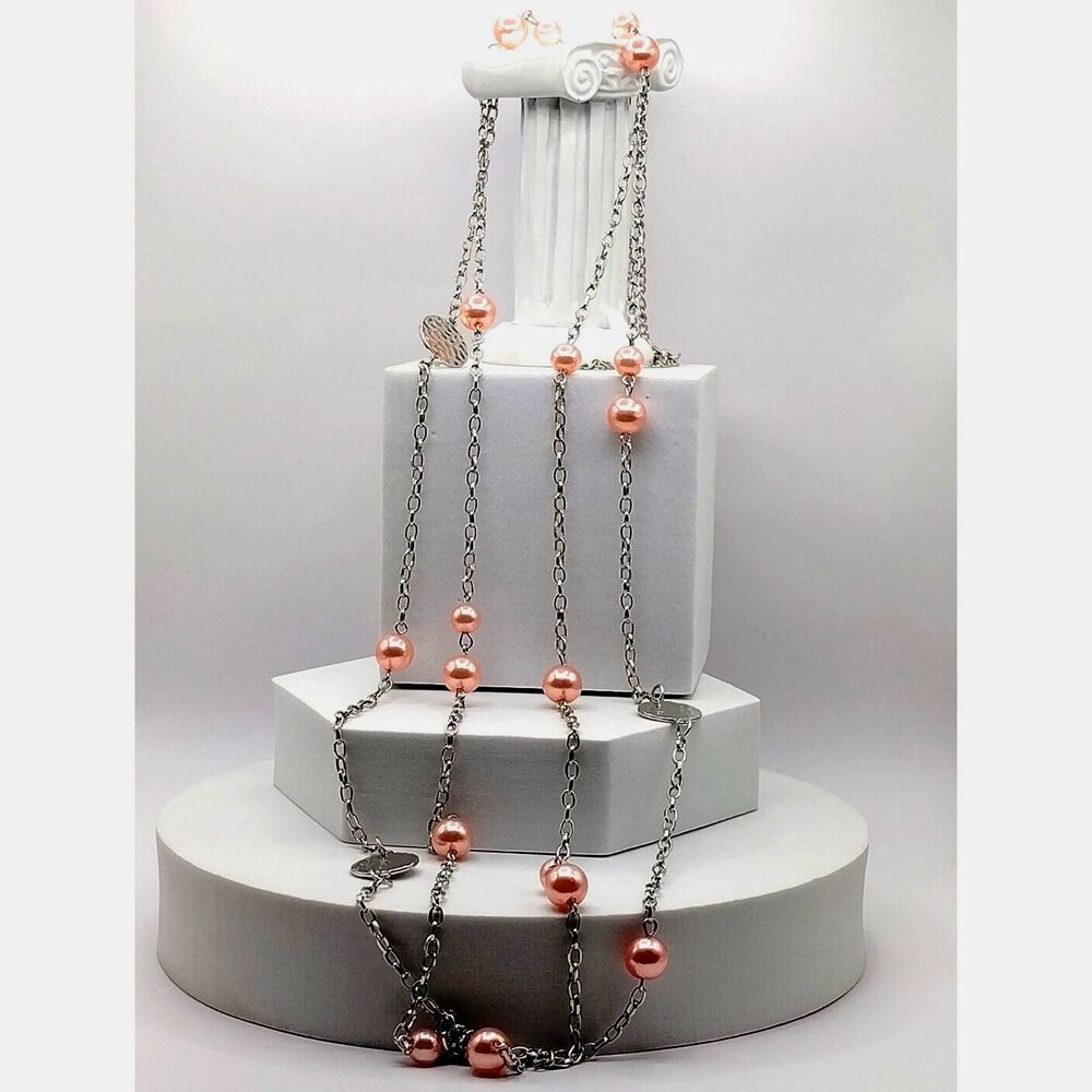Vintage Double Chain Necklace with Beautiful Soft Pink Bead and Metal Disk Shape